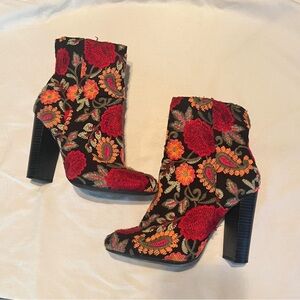 Floral Embroidered Ankle Boots - Red and Orange